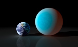 An artist's rendition of the planet 55 Cancri e compared to Earth. Michaël Gillon led the team that used the NASA Spitzer telescope to measure the size and the temperature of this "super-Earth". © NASA.